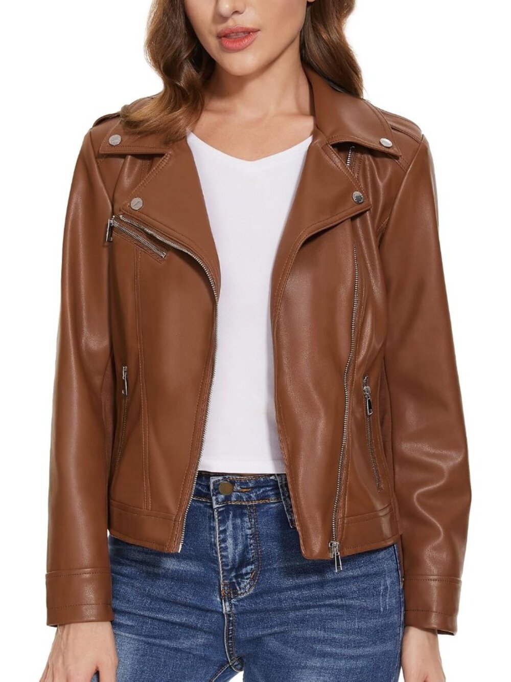 Women's Brown Faux Leather Lightweight Moto Biker Coat Long Sleeves Vegan Jacket